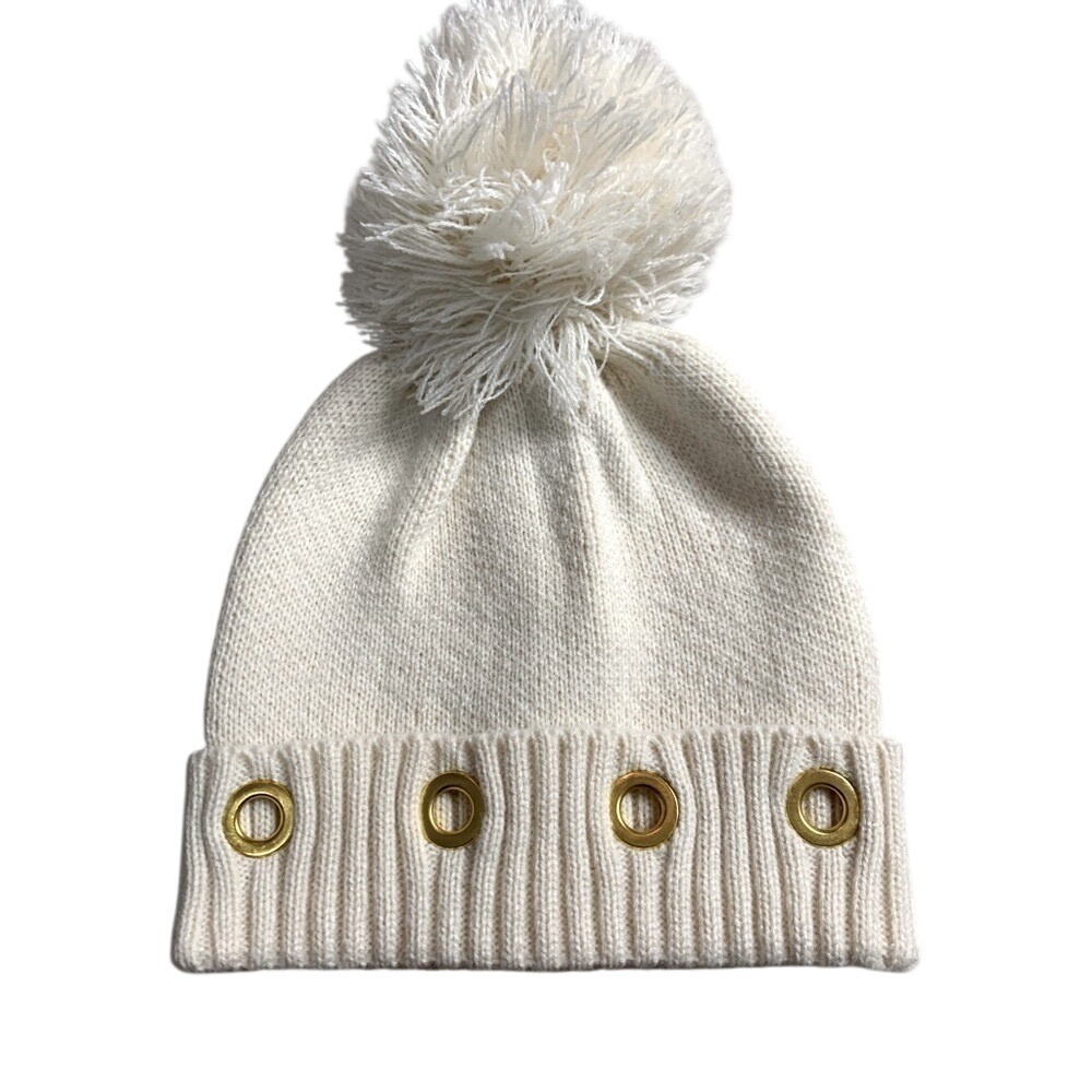 Steve Madden Pom Pom Beanie Hat Women Creme with gold Grommets One Size